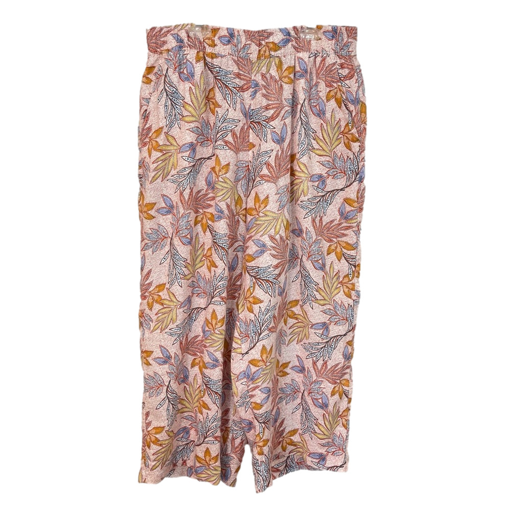 Nicole Miller 100% Linen Cropped Pull On Elastic Waist Pants Floral Beach Resort